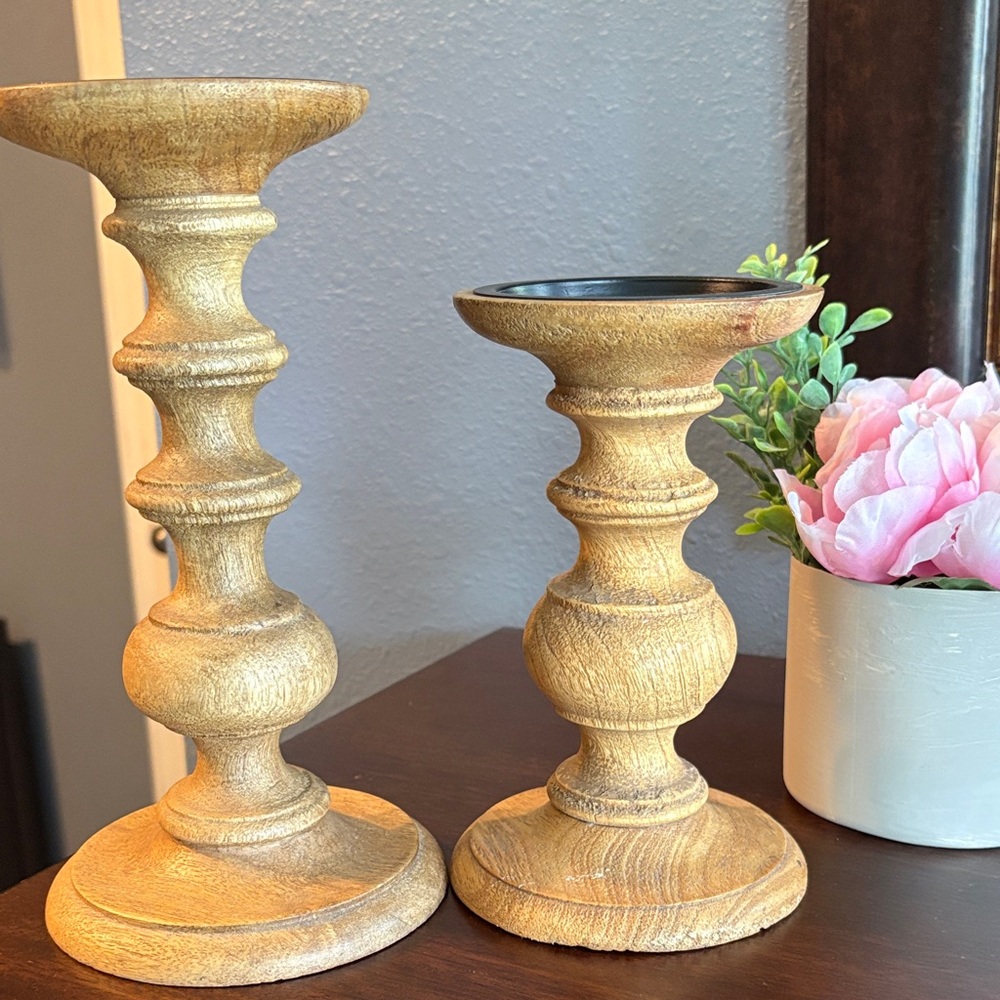 Cost Plus World Market Gold Wood Pedestal Candle Holders - Pair - Picture 3 of 11